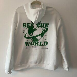 White Hoodie with 'See the World' Green Detail 🌍💚